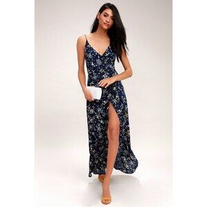 Lulus Sweet As Honeysuckle Navy Blue Floral Print Wrap Maxi Dress - Size Large
